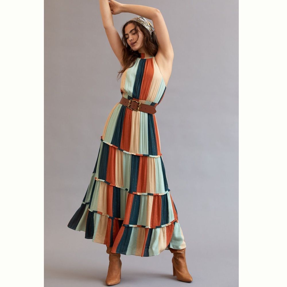NWT Anthropologie Farm Rio Colorblocked Shimmer Maxi Dress Size S Retail $230